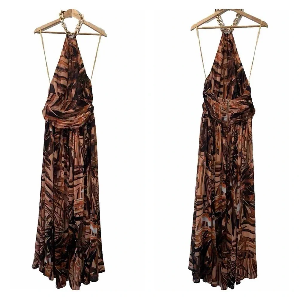 Bronx & Banco Kenya Silk Halter Maxi Dress Brown Animal Print Medium NWT - Picture 4 of 15